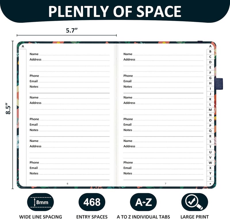 COMKISO Store Address Book with Individual Alphabetical Tabs Laminated, Large Print Address Book with 468 Wide Lining Entry Spaces, Change of Address Labels, Hardcover Address Book 5.7 x 8.5" - Floral - Image 3